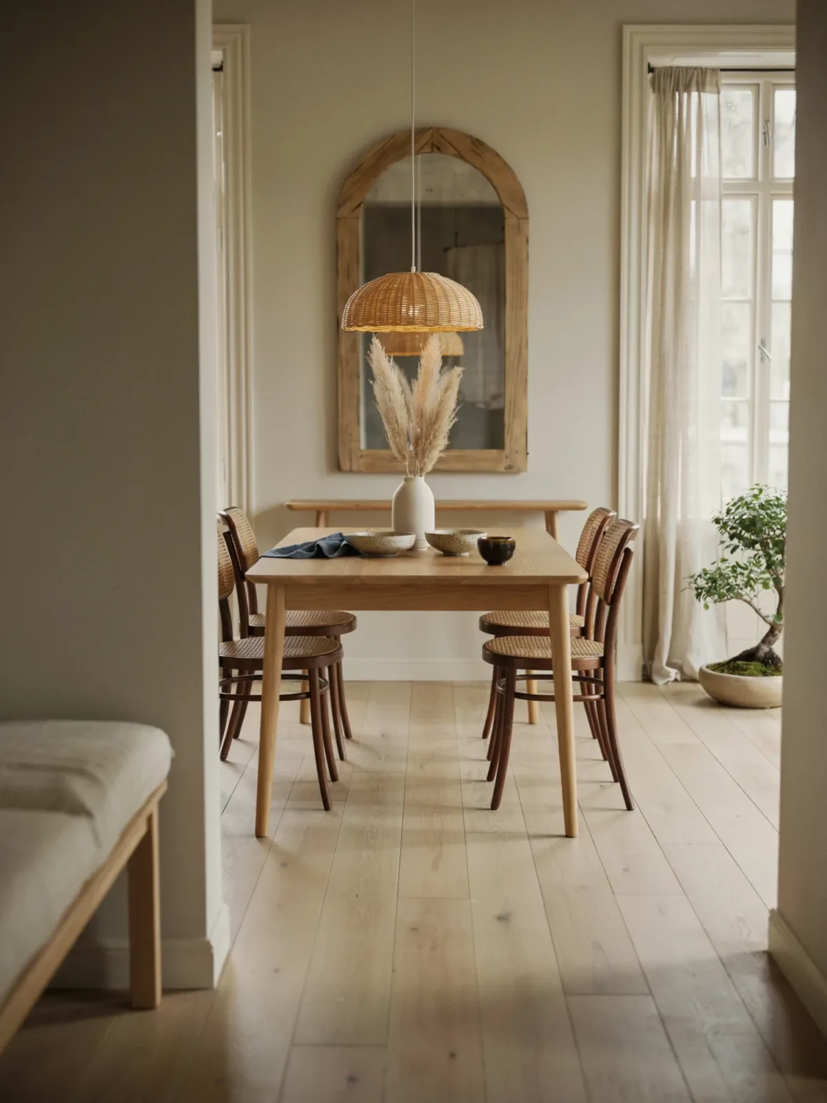 12. Japandi Dining Space With a Natural Wood Arch Mirror 12. Japandi Dining Space With a Natural Wood Arch Mirror