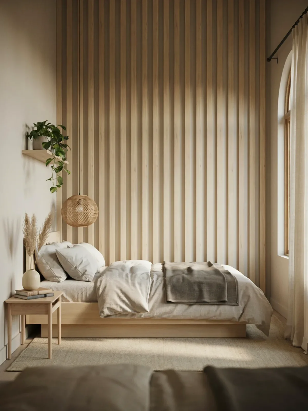 16. Japandi-Inspired Bedroom With A Slatted Wood Wall 16. Japandi-Inspired Bedroom With A Slatted Wood Wall