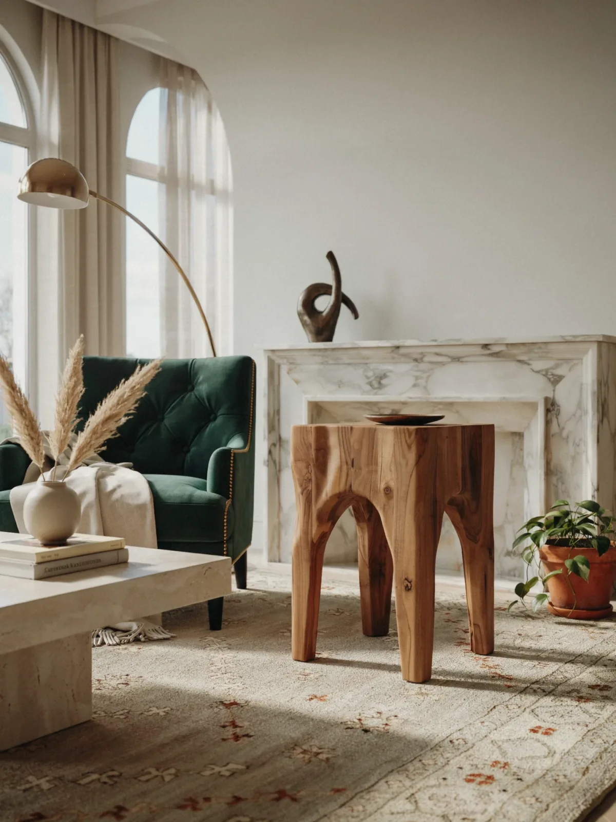 15. Luxe Living Room With A Sculptural Wood Side Table 15. Luxe Living Room With A Sculptural Wood Side Table