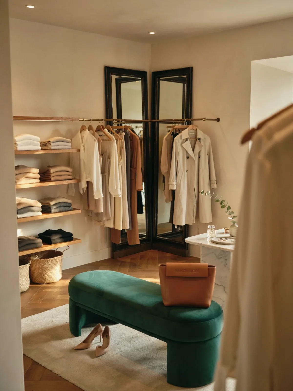 14. Luxe Walk-In Closet With Full-Length Framed Mirrors 14. Luxe Walk-In Closet With Full-Length Framed Mirrors