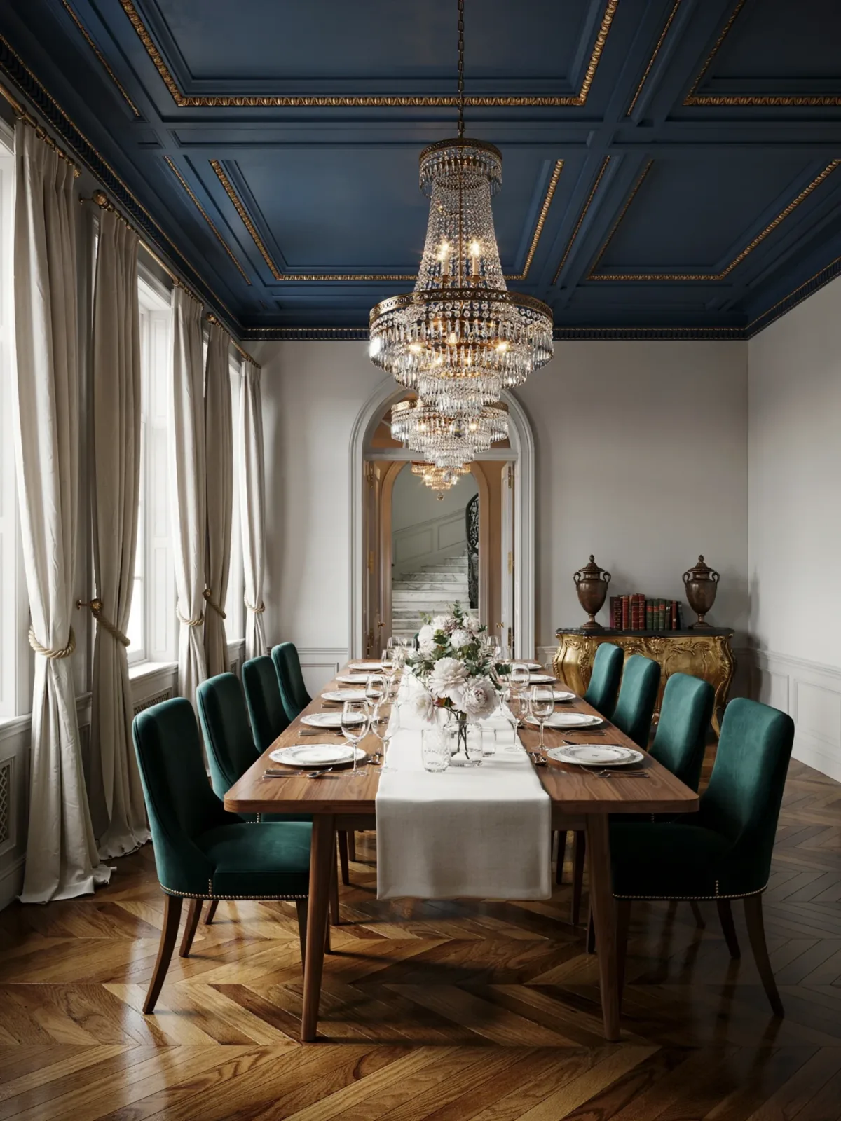 13. Luxury Dining Room With Blue Ceiling and Crystal Chandelier