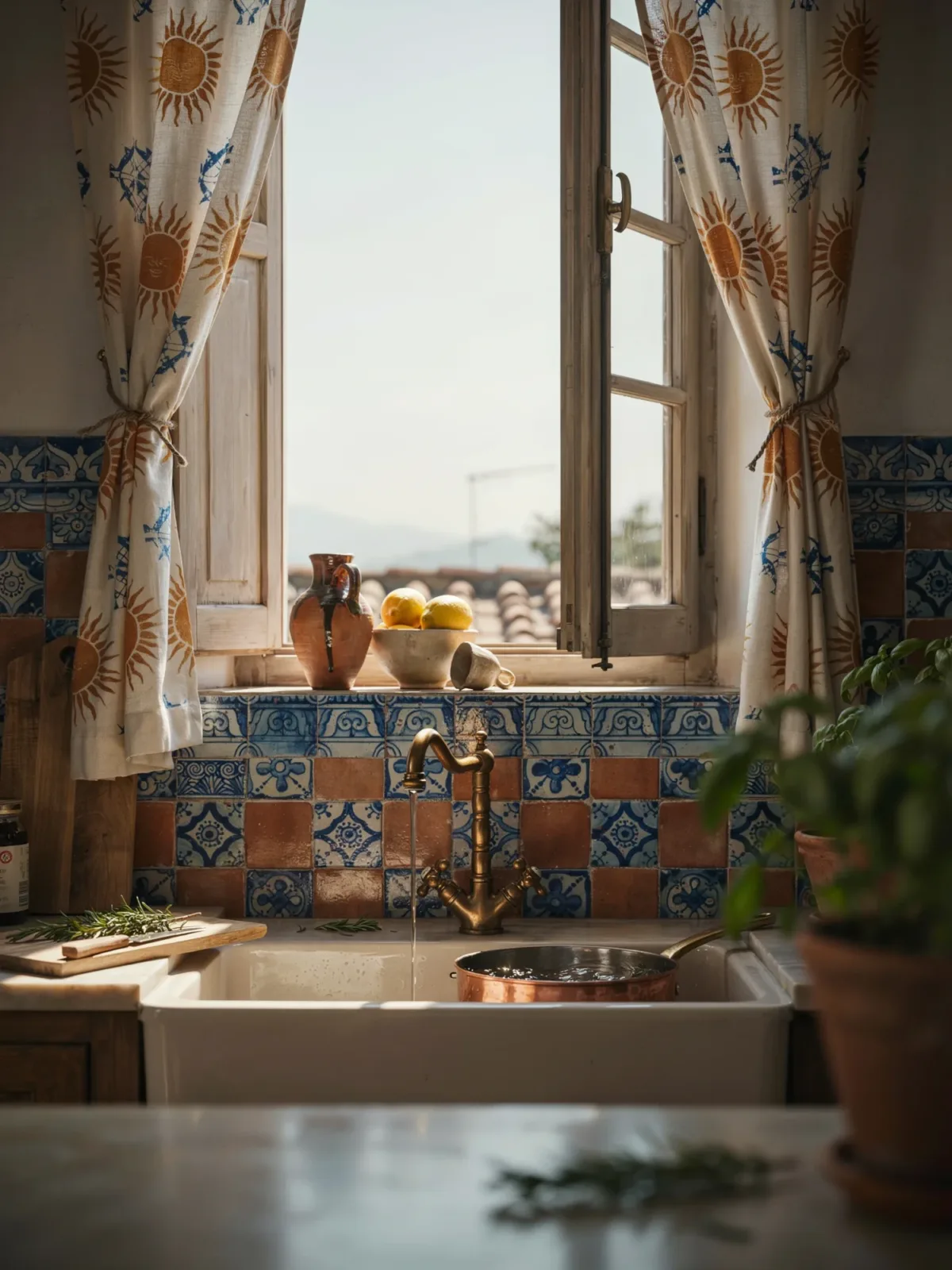12. Mediterranean Sunshine With Patterned Drapes 12. Mediterranean Sunshine With Patterned Drapes