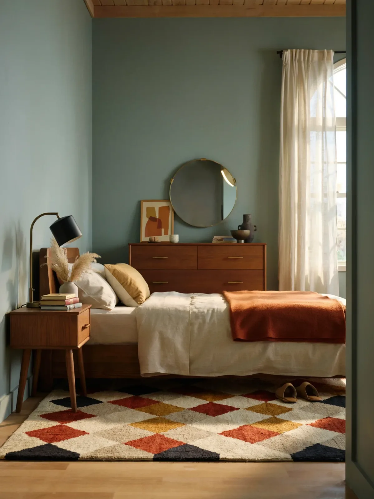 9. Mid-Century Modern Bedroom With Geometric Rug 9. Mid-Century Modern Bedroom With Geometric Rug