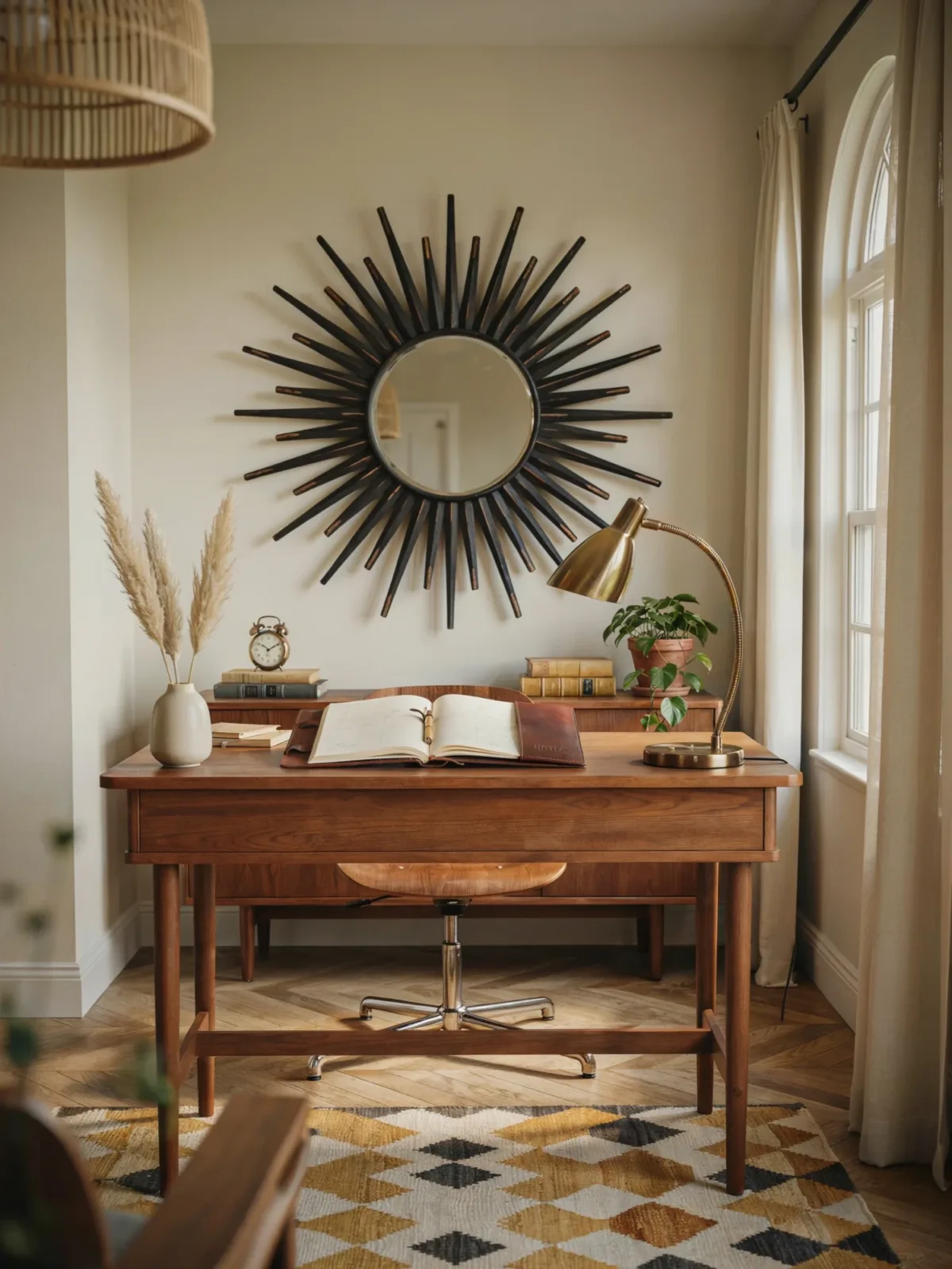 9. Mid-Century Modern Office With a Sunburst Mirror 9. Mid-Century Modern Office With a Sunburst Mirror