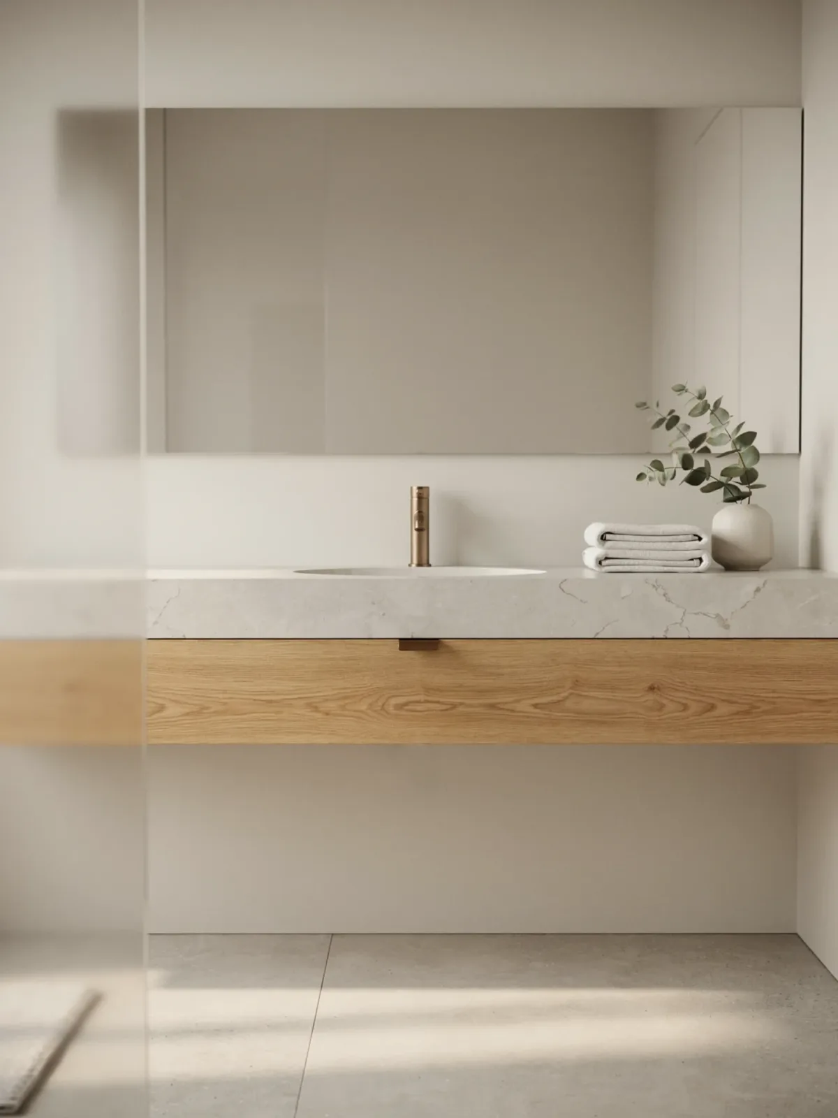 12. Minimalist Bathroom With A Floating Wood Vanity 12. Minimalist Bathroom With A Floating Wood Vanity