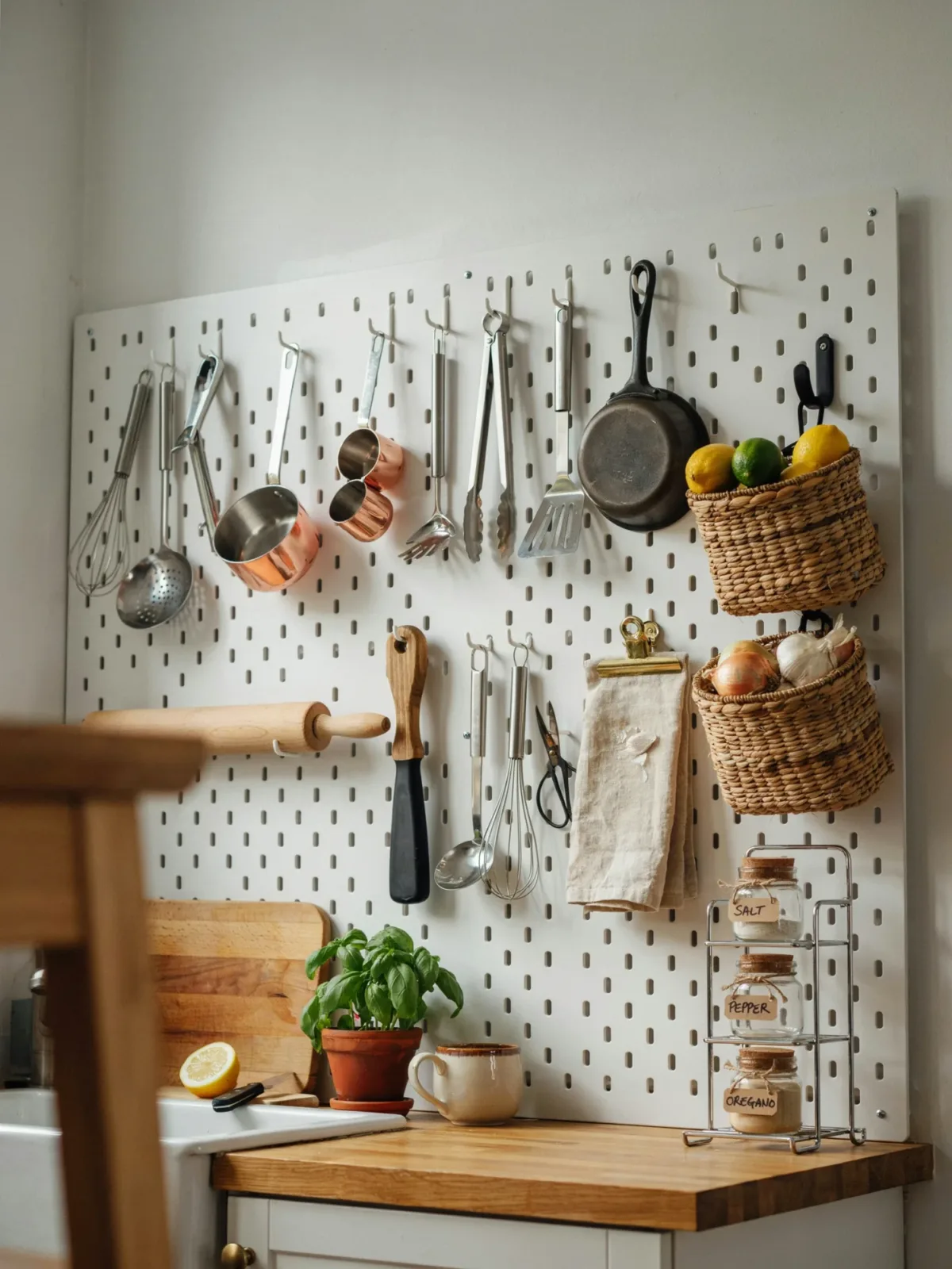 3. Minimalist Pegboard Organization Kitchen