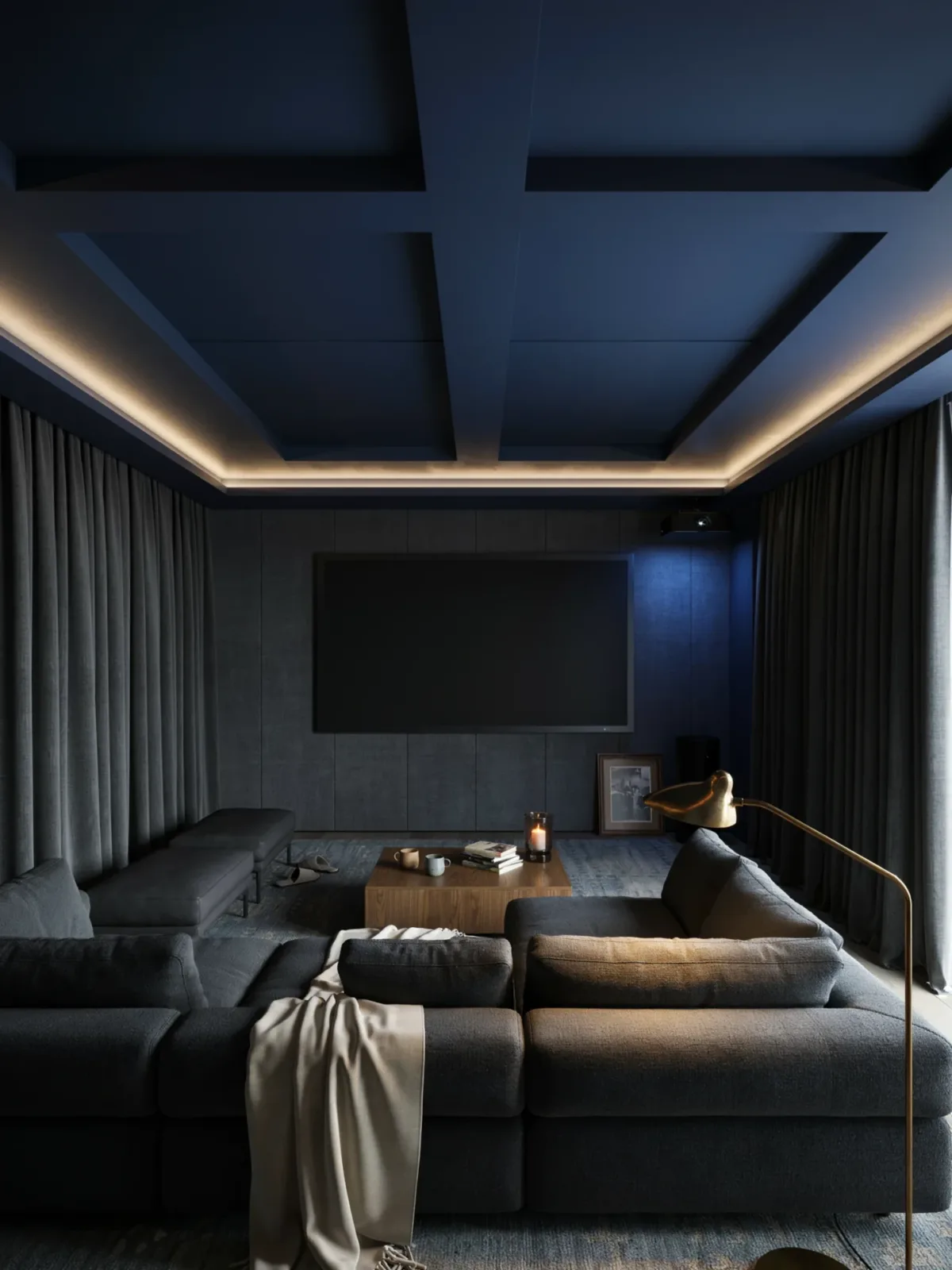 15. Modern Black and Blue Media Room