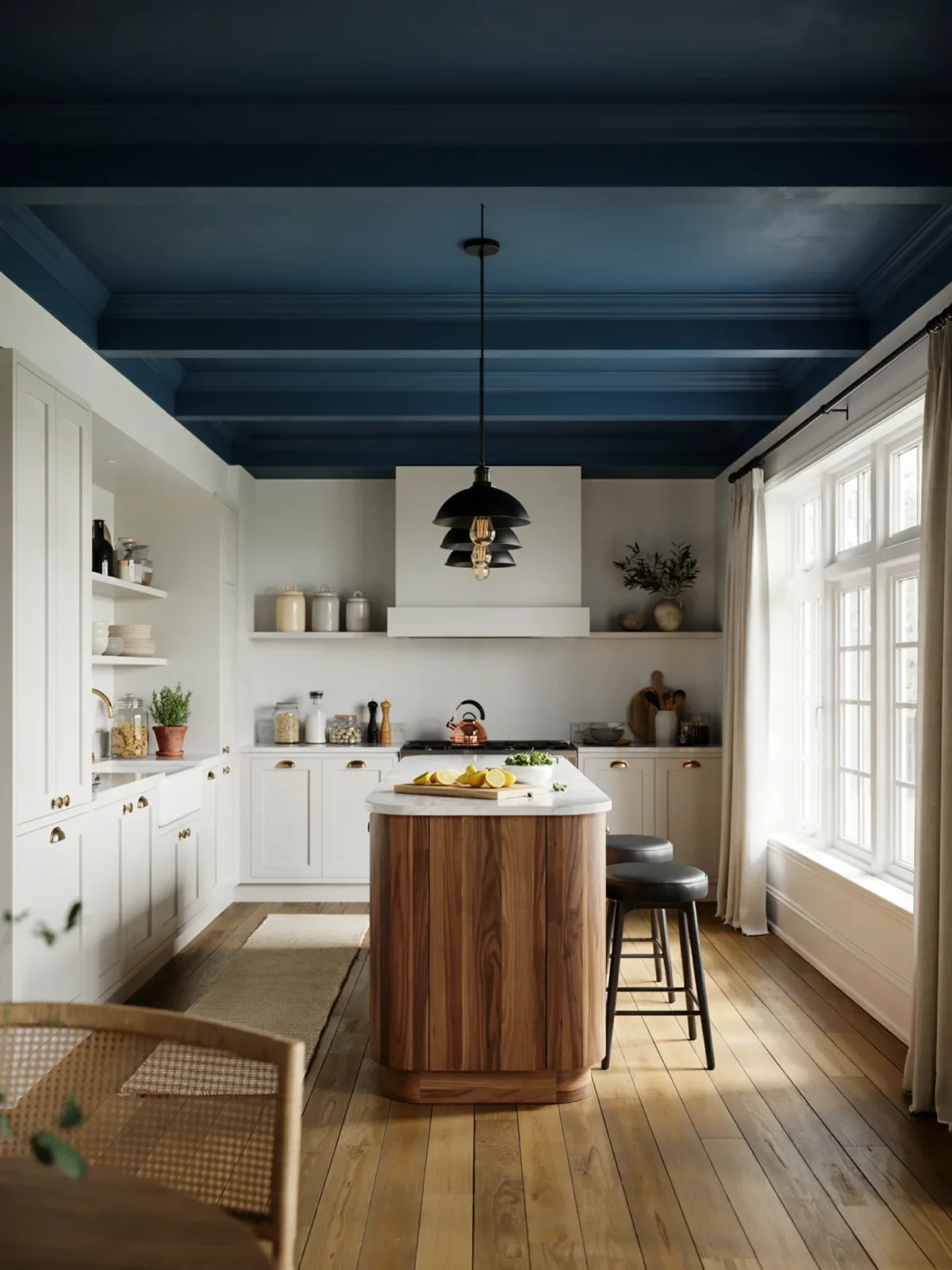 5. Modern Farmhouse Kitchen With a Navy Statement Ceiling