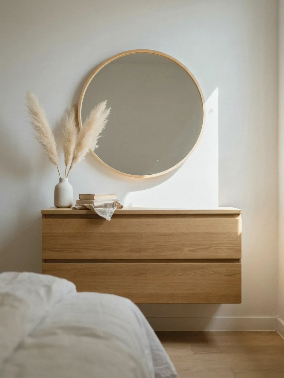 2. Modern Minimalist Bedroom With a Floating Round Mirror 2. Modern Minimalist Bedroom With a Floating Round Mirror