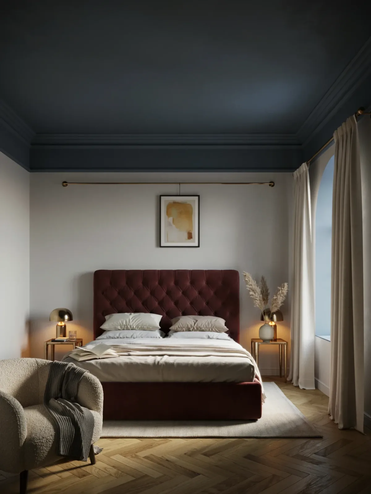 2. Moody Dark Blue Bedroom With Hotel-Inspired Luxury