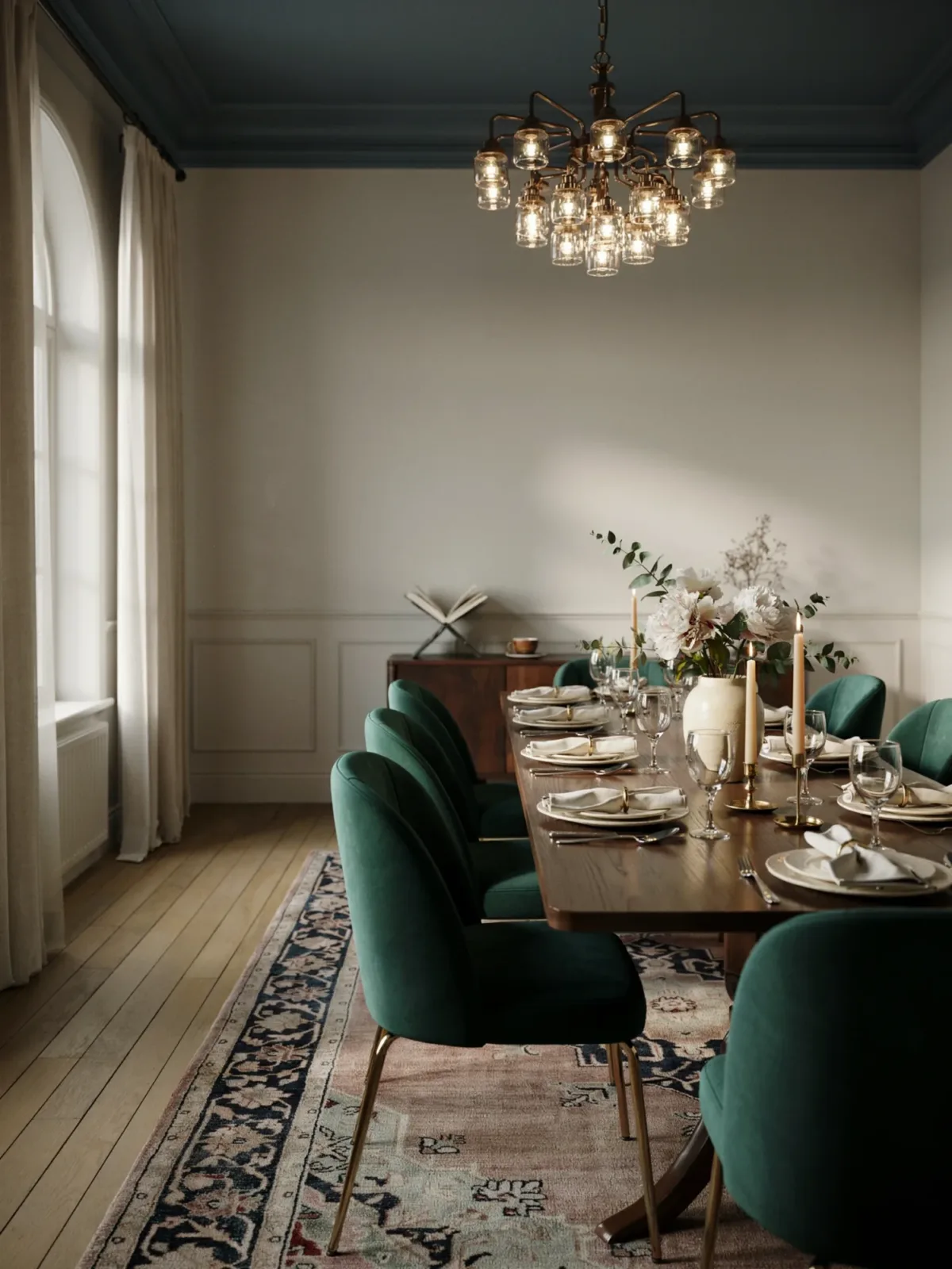 2. Moody Navy Dining Room With Brass Details
