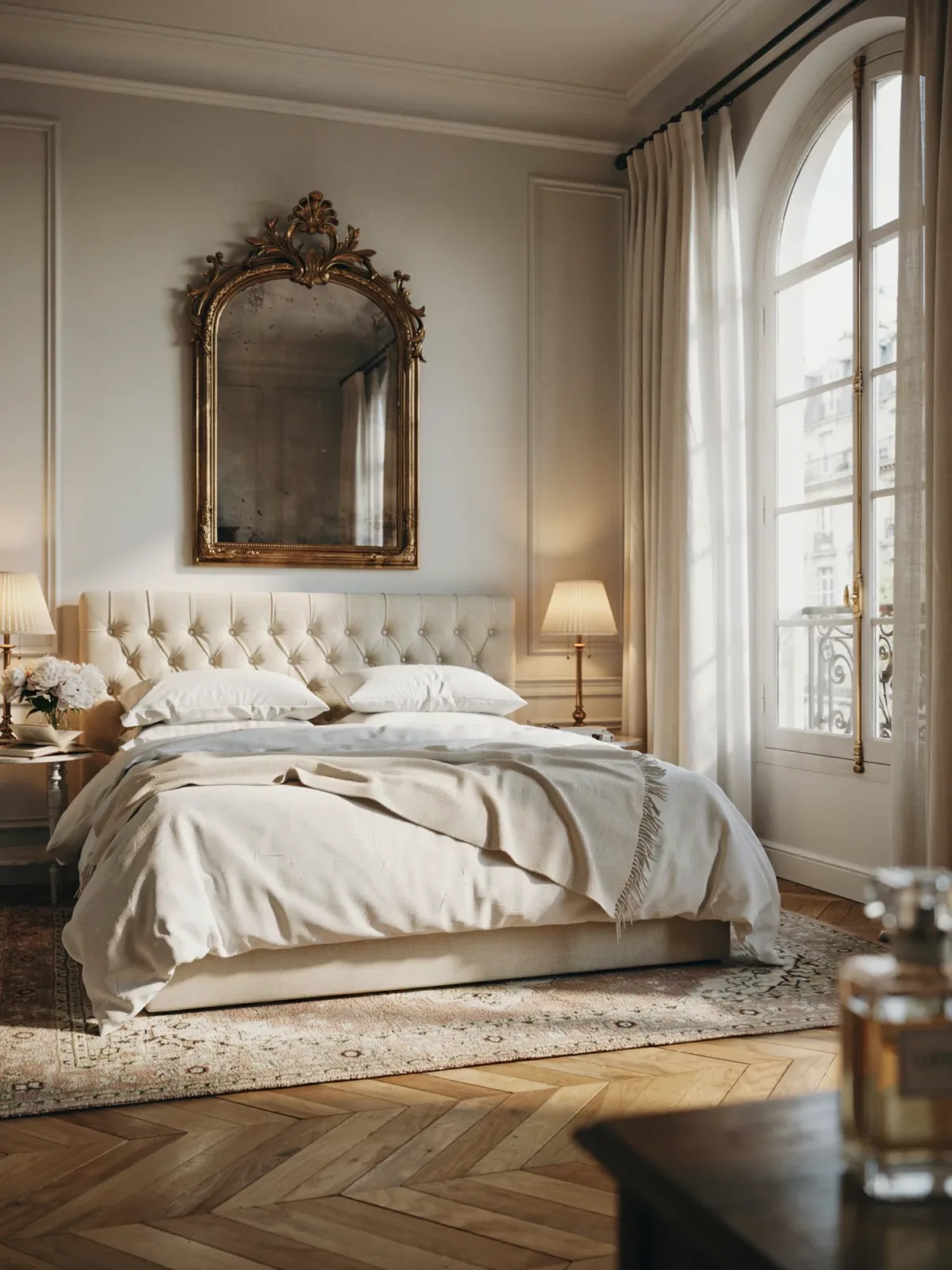 10. Parisian-Inspired Bedroom With an Ornate Gold Mirror 10. Parisian-Inspired Bedroom With an Ornate Gold Mirror