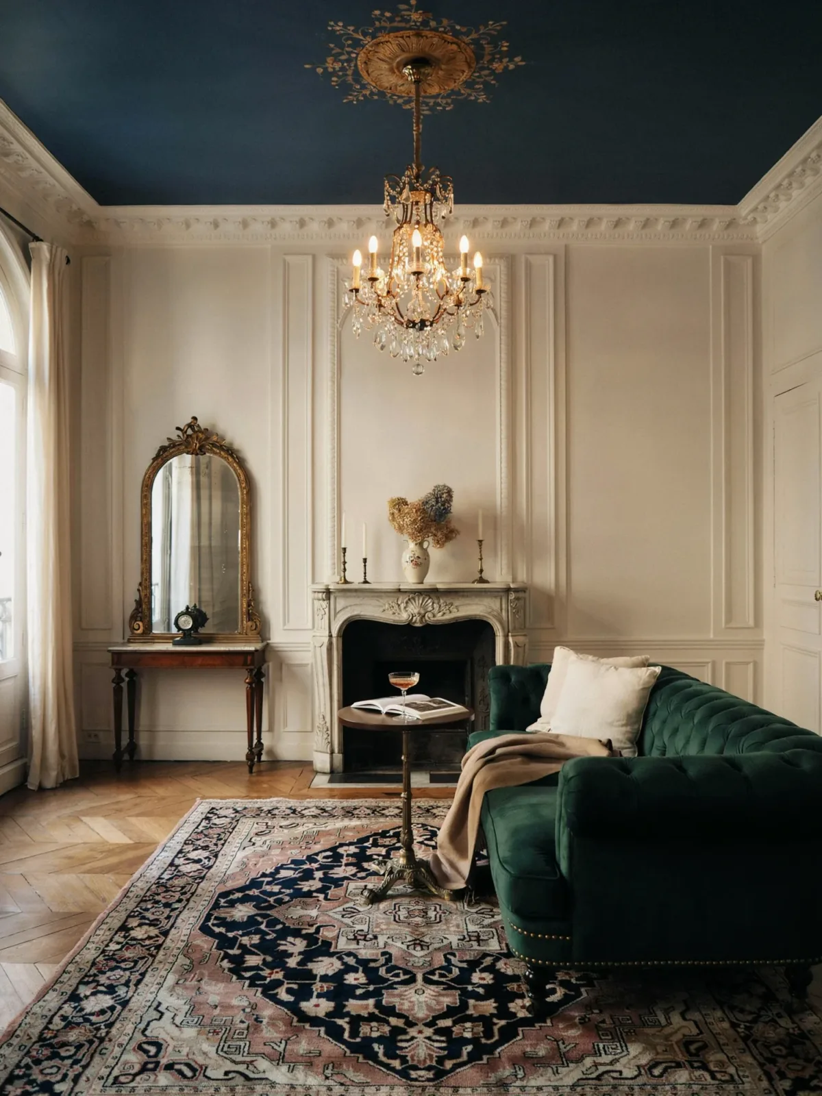 8. Parisian-Inspired Sitting Room With Midnight Blue Elegance