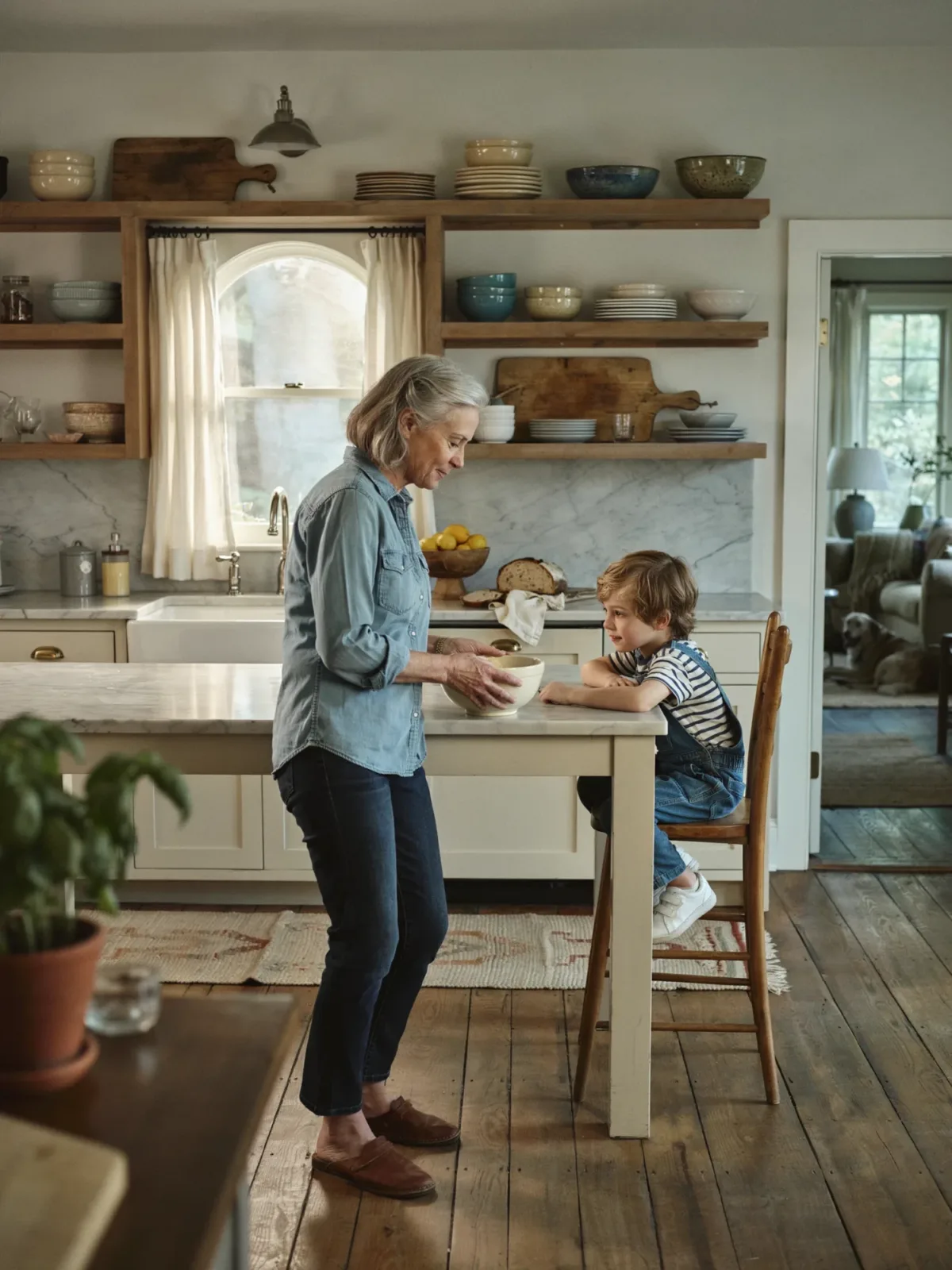 6. Rustic Farmhouse Kitchen With Thick Wood Open Shelving 6. Rustic Farmhouse Kitchen With Thick Wood Open Shelving