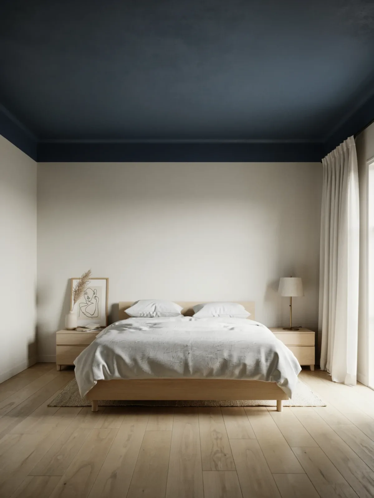 11. Scandinavian Bedroom With a Deep Blue Ceiling Twist