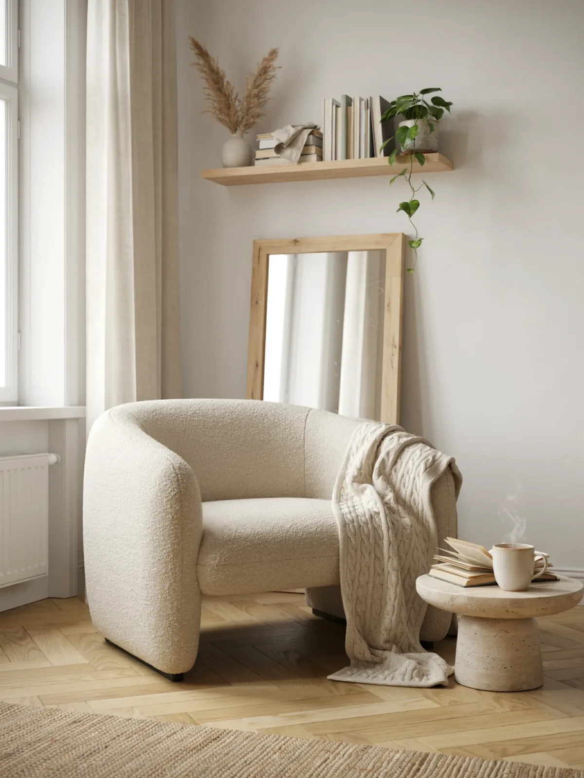 8. Scandinavian Reading Nook With a Birch Wood Mirror 8. Scandinavian Reading Nook With a Birch Wood Mirror