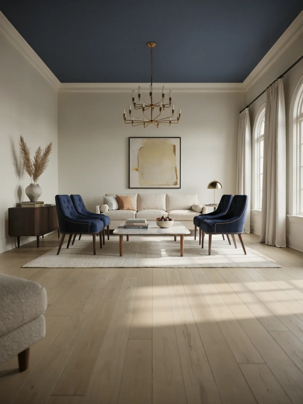 1. Sophisticated Navy Living Room With Brass Accents