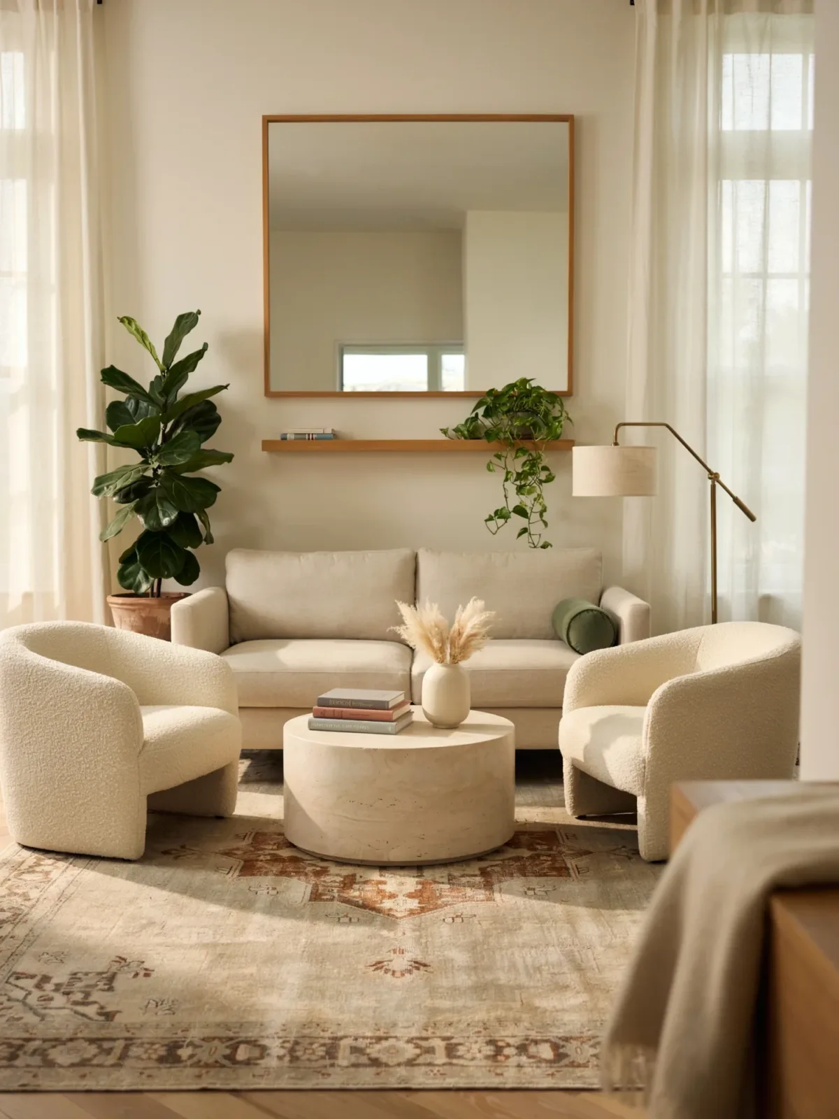 13. Transitional Living Room With A Wood-Framed Mirror 13. Transitional Living Room With A Wood-Framed Mirror